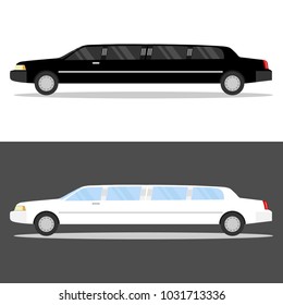 Limousine, white and black limousine with shadow. Limousine icon. Flat design, vector illustration, vector.