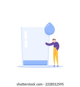 un hombre flojo y sin poder por falta de agua. deshidratación y sed. ilustración de alguien que necesita beber un vaso de agua. diseño de concepto de ilustración. diseño de elementos gráficos