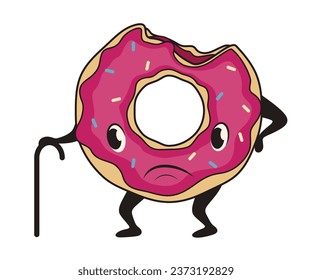 Limping donut with walking cane on white background