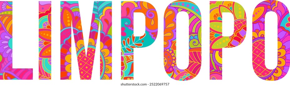 Limpopo creative province name title filled with hand drawn colorful floral doodle pattern 	