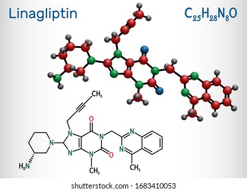 Linagliptin, C25H28N8O2 molecule. It is DPP-4 inhibitor, used for the treatment of type II diabetes. Structural chemical formula and molecule model. Vector illustration