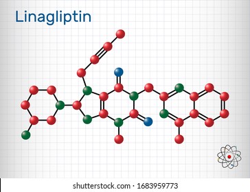 Linagliptin, C25H28N8O2 molecule. It is DPP-4 inhibitor, used for the treatment of type II diabetes. Structural chemical formula and molecule model. Sheet of paper in a cage. Vector illustration