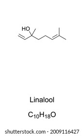 Linalool, chemical formula and skeletal structure. Organic compound, found in many flowers and spice plants. An insecticide, and widely used in perfumed hygiene products and cleaning agents. Vector.