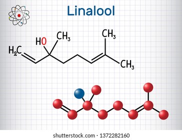 Linalool  molecule. Structural chemical formula and molecule model. Sheet of paper in a cage. Vector illustration