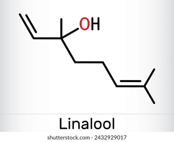 Molécula de linalool. Es alcohol terpeno. Fórmula química esquelética. Ilustración de vector