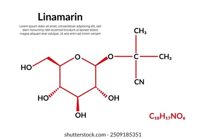 Linamarin is a cyanogenic glucoside molecular structure formula, suitable for education or chemistry science content. Vector illustration