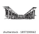 Lincoln Center perspective facade exterior vector hand drawn black and white illustration  