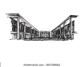 Lincoln Center perspective facade exterior vector hand drawn black and white illustration  