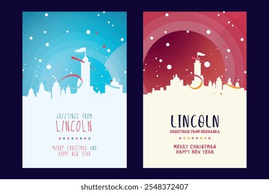 Lincoln Christmas poster with skyline, cityscape. Winter USA Nebraska state holiday, New Year vector brochure, website, flyer, leaflet, card layout