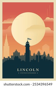 Cartel del brutalismo de la ciudad de Lincoln con horizonte abstracto, Ilustración vectorial retro del paisaje urbano. Reino Unido, Inglaterra cubierta de la guía de viaje, folleto, folleto, folleto, presentación de negocios Imagen de Plantilla