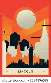 Cartel del brutalismo de la ciudad de Lincoln con horizonte abstracto, Ilustración vectorial retro del paisaje urbano. Reino Unido, Inglaterra cubierta de la guía de viaje, folleto, folleto, folleto, presentación de negocios Imagen de Plantilla