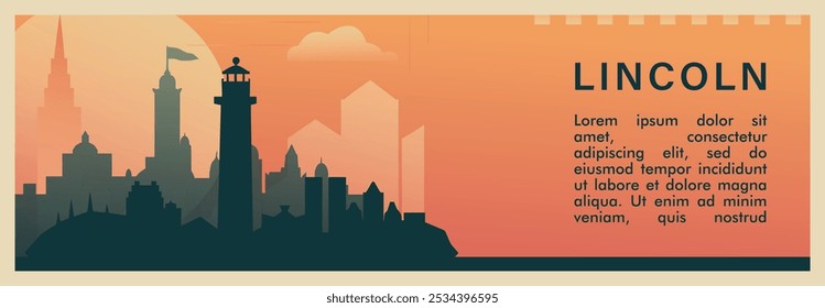 Anuncio de Vector de brutalismo de la ciudad de Lincoln con horizonte, paisaje urbano. Reino Unido, Inglaterra ilustración Horizontal retro. Diseño de viaje para presentación de Web, encabezado, pie de página