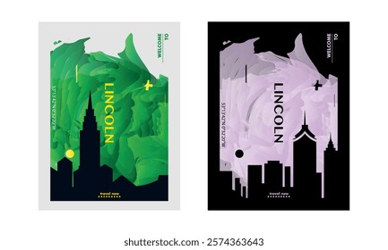 Lincoln city poster pack with skyline, cityscape, landmark, textured. UK, England vector illustration layout for vertical brochure, website, flyer, presentation