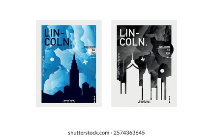 Lincoln city poster pack with skyline, cityscape, landmark, textured. UK, England vector illustration layout for vertical brochure, website, flyer, presentation