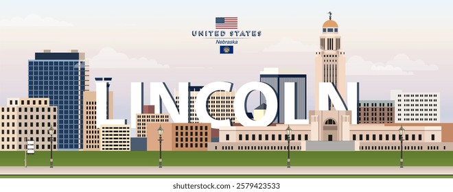 Lincoln city skyline colorful vector illustration. Travel poster