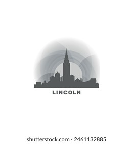 Lincoln, Inglaterra paisaje urbano horizonte panorama Vector plano logo, icono moderno. Reino Unido, Reino Unido Lugares famosos de la ciudad y siluetas de construcción, Clipart aislado al atardecer, amanecer, gris noche