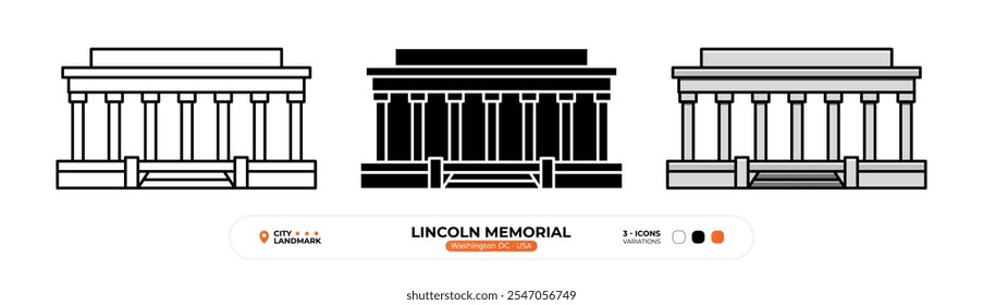 Icono de la línea Lincoln Memorial. Washington DC, EE.UU., Silueta, Símbolo de color, Trazo editable.
