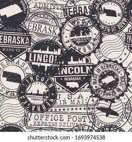 Lincoln, NE, USA Stamps Background. A City Stamp Vector Art. Set of Postal Passport Travel. Design Set Pattern.