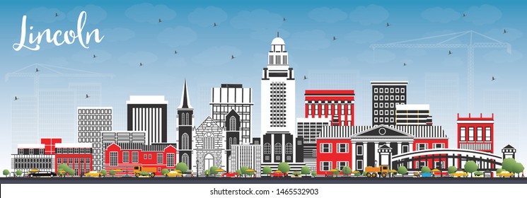 Lincoln Nebraska City Skyline with Color Buildings and Blue Sky. Vector Illustration. Business Travel and Tourism Concept with Historic Architecture. Lincoln USA Cityscape with Landmarks. 