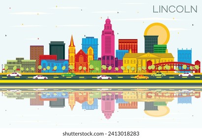 Lincoln Nebraska City Skyline with Color Buildings, Blue Sky and Reflections. Vector Illustration. Business Travel and Tourism Concept with Historic Architecture. Lincoln USA Cityscape with Landmarks.