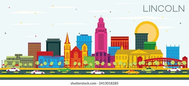 Lincoln Nebraska City Skyline with Color Buildings and Blue Sky. Vector Illustration. Business Travel and Tourism Concept with Historic Architecture. Lincoln USA Cityscape with Landmarks. 