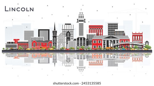 Lincoln Nebraska City Skyline with Color Buildings and reflections Isolated on White. Vector Illustration. Tourism Concept with Historic Architecture. Lincoln USA Cityscape with Landmarks. 