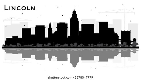 Lincoln Nebraska City Skyline Silhouette with Black Buildings and reflections Isolated on White. Vector Illustration. Tourism Concept with Historic Architecture. Lincoln USA Cityscape with Landmarks. 