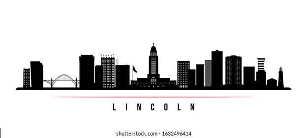 Lincoln skyline horizontal banner. Black and white silhouette of Lincoln, Nebraska. Vector template for your design. 