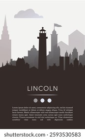 Lincoln UK city template for website, presentation, front page, invitation, publication sheet with skyline, landmarks. Vector England, United Kingdom image layout, simple and grayscale