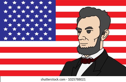 Lincoln Vector Cartoon character on american flag Concept , Presidents Day Celebration , United States National Holidays 