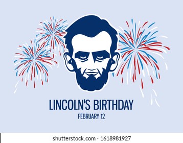 Lincoln's Birthday vector. President Abraham Lincoln head vector icon. Lincoln with fireworks. Lincoln's Birthday Poster, February 12. Important day