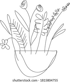 lind drawing wild flowers in buket, black and white 