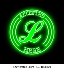 Linda (LINDA) green  neon cryptocurrency symbol in round frame with text "Accepted here"