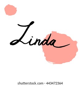 Linda. Vector illustration. Female name.Black and white graphic, pink spots on the background. Lettering. Handwritten letters. Good for invitation cards, textile printing etc.