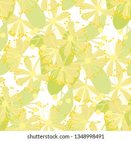 Linden bloom hand drawn vector seamless pattern. Decorative floral background. Medicinal plant blossom texture. Soft inflorescence with foliage. Botanical textile, wallpaper, wrapping paper design