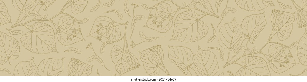 Linden blossom seamless horizontal border. Lime tree texture on beige background. Vector illustration.