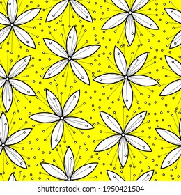 Linden flower pattern. Seamless vector illustration with clipping mask. White flowers on a yellow background. 