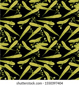 Linden fruits seamless pattern on black. Medical plant art design hand drawn element for web, for print, for fabric print, for product design, for packaging design, nature background, cover for social