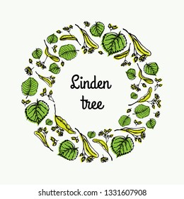 Linden hand drawn lino cut flat illustration. Linden tree blossom and leaves sketch drawing. Vector floral elements for design in round composition on white background.
