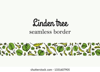 Linden hand drawn linocut flat llustration. Linden tree blossom and leaves sketch drawing. Vector floral template for package design on white background.
