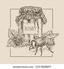 Linden honey, illustration in the style of a medieval engraving