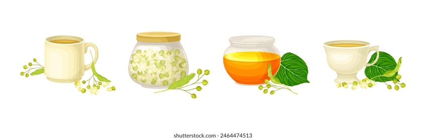 Linden Honey Jar and Aromatic Blossom Vector Set