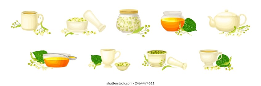 Linden Honey Jar and Aromatic Blossom Vector Set
