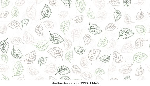 Las hojas lineales delinean el vector de diseño gráfico de patrones sin fisuras. Fondo dibujado a mano floral. Impresión de tejido foliáceo de albahaca o de lino. Hojas de doodle orgánicas de verano que envuelven el patrón de papel. Diseño ecológico.