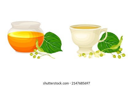 Linden o Tilia Cordata Honey in Jar y la elaboración de té en la copa con un conjunto de vectores cercanos con flores