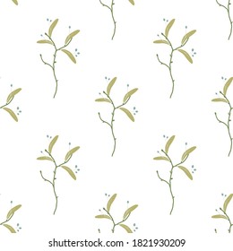 Linden twig ornament. Seamless floral pattern. Green sprig texture on white background. Perfect for printing on fabric or paper. Nature, organic backdrop