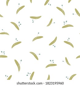 Linden twig ornament. Seamless floral pattern. Green sprig texture on white background. Perfect for printing on fabric or paper. Nature, organic backdrop