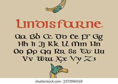 Lindisfarne-Alphabet in Majuskeln keltisch, angelsächsisch, irischer Stil mit rotem Punktmuster. Dim färbte mittelalterliche Anfangsphase. Vintage beleuchtete Tropfkappe für Brauereiposter, heraldische Monogramme.