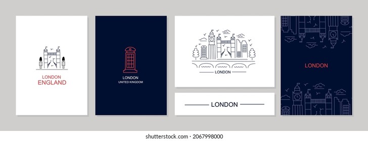 Lindon lineart card set. London line drawing. Modern style London city illustration. Hand sketched poster, banner, postcard, card template for travel company, T-shirt, shirt. Vector EPS 10. Bridge.