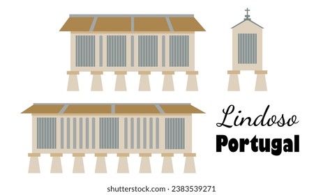 Lindoso granary in Peneda Gerês National Park, Portugal. Ancient barns raised above the ground to protect the grain from rodents. Flat-style illustration for souvenir postcards.